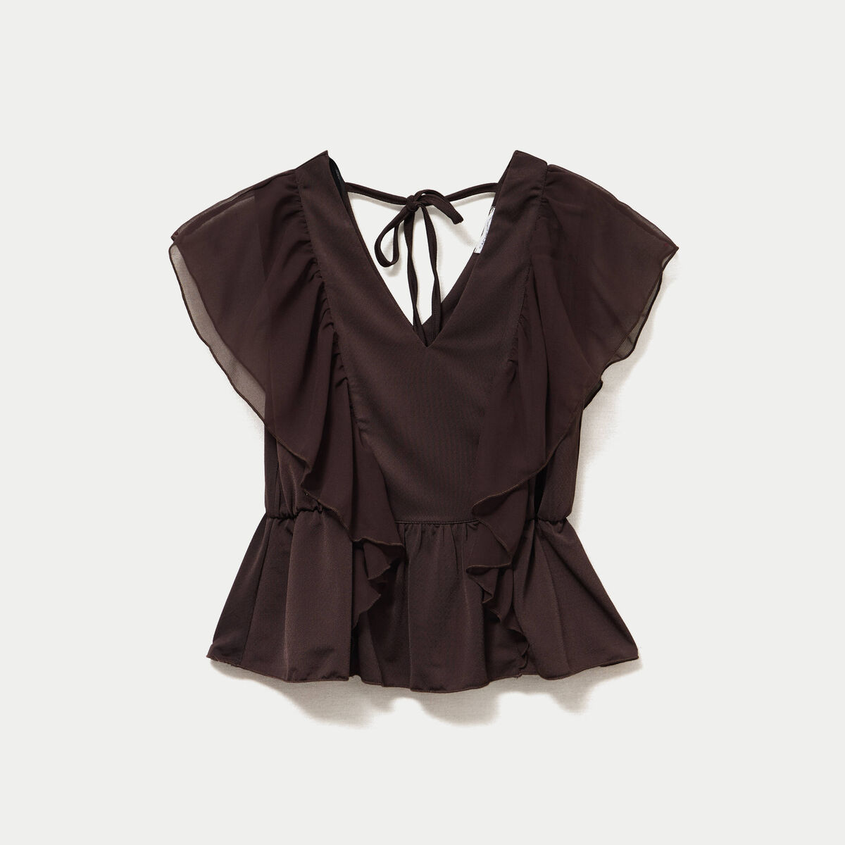 Blouse d&eacute;collet&eacute; voile manches courtes marron fonc&eacute; femme