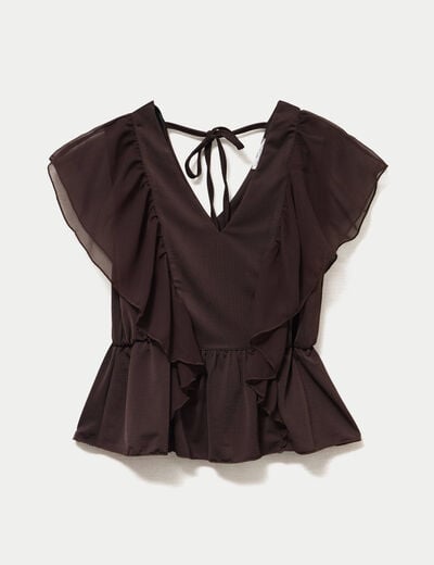 Blouse d&eacute;collet&eacute; voile manches courtes marron fonc&eacute; femme