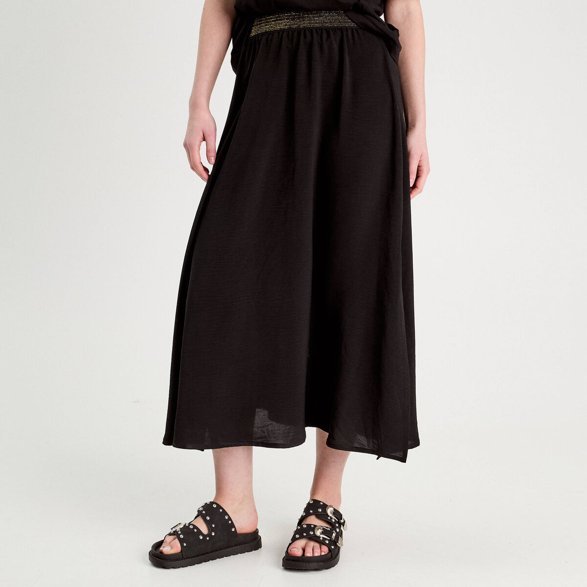 Jupe longue évasée fluide noir femme