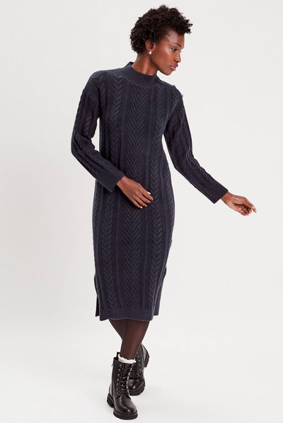 Robe pull moulante torsades bleu marine femme