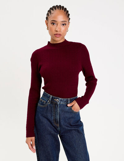 Pull col montant torsades bordeaux femme