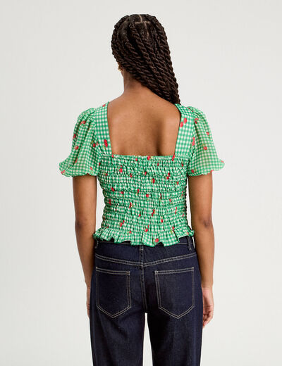 Blouse manches courtes smockée rouge femme