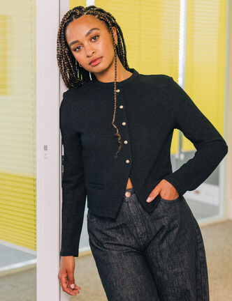 Gilet tweed droit cropped col rond noir femme