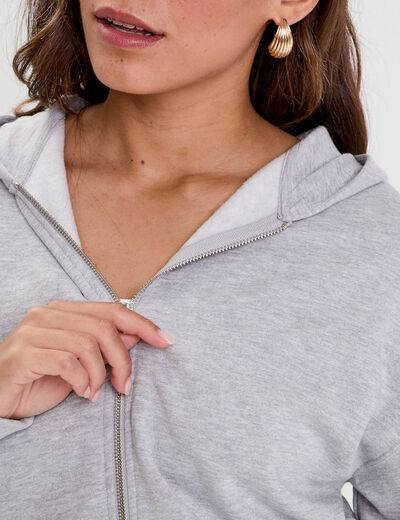 Sweat zipp&eacute; &agrave; capuche gris clair femme