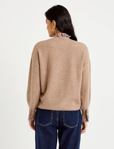 Pull col rond manches longues beige femme
