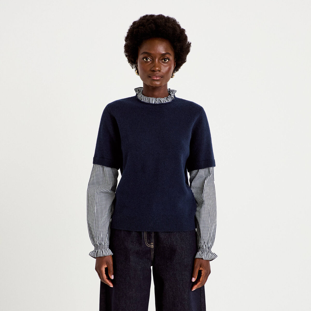 Pull 2-en-1 col rond manches vichy bleu marine femme