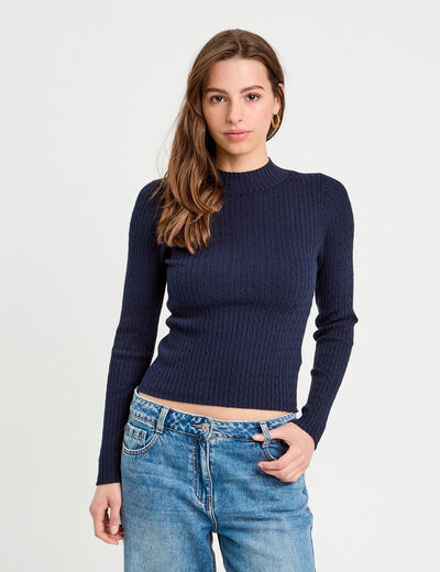 Pull col montant torsades bleu marine femme
