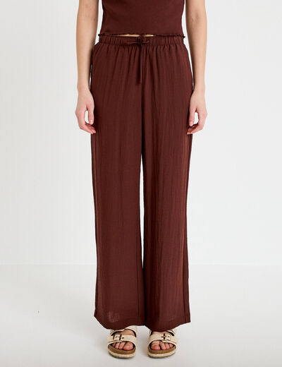 Pantalon large taille haute en cr&ecirc;pe marron femme