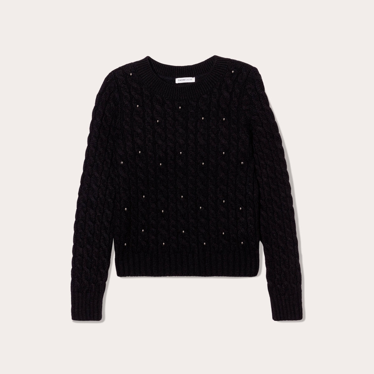 Pull avec torsades et perles noir femme