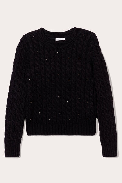 Pull avec torsades et perles noir femme