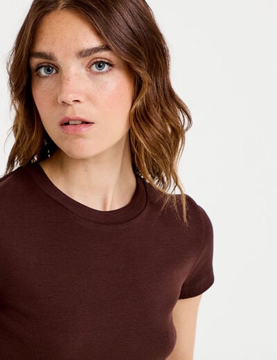 T-shirt c&ocirc;tel&eacute; ajust&eacute; manches courtes marron fonc&eacute; femme