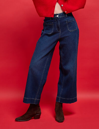 Jean wide leg cropped taille haute denim blue black femme