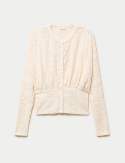 Gilet cintr&eacute; dentelle col rond ivoire femme