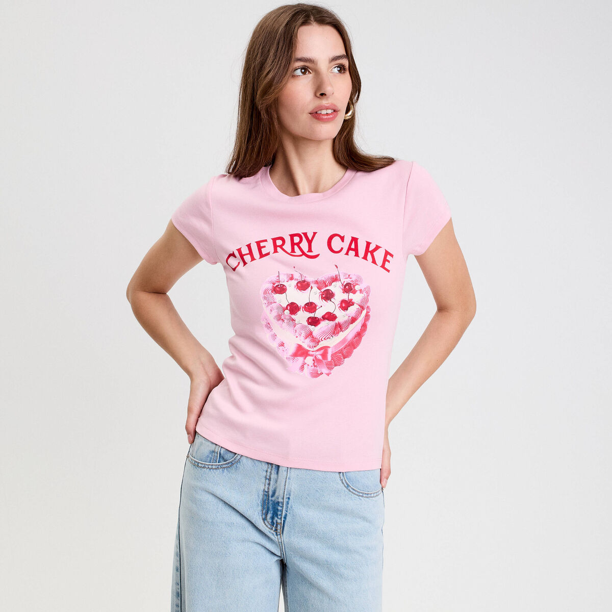 Top ajust&eacute; col rond manches courtes rose poudr&eacute;e femme