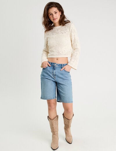 Pull ajouré manches longues ecru femme