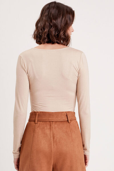 T-shirt thermique col en V sable femme