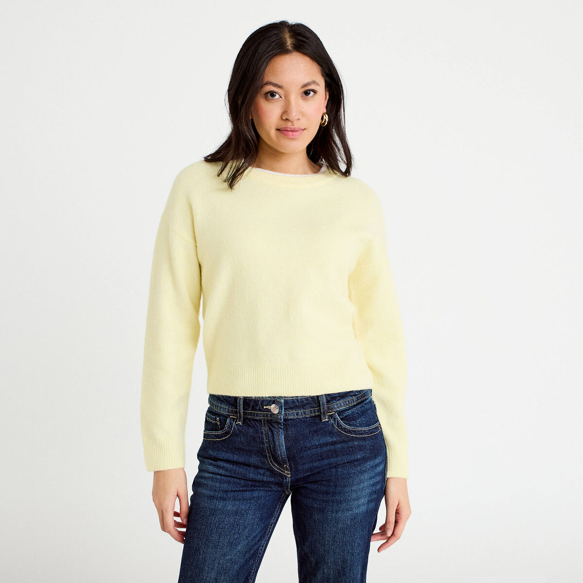 Pull col rond manches longues jaune clair femme