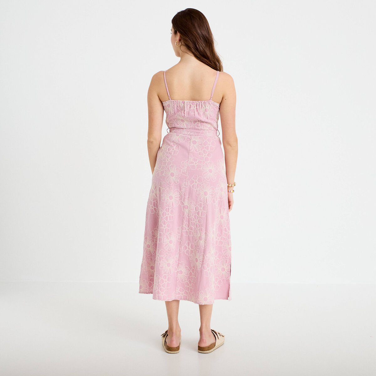 Robe droite 3/4 col v fines bretelles rose clair femme