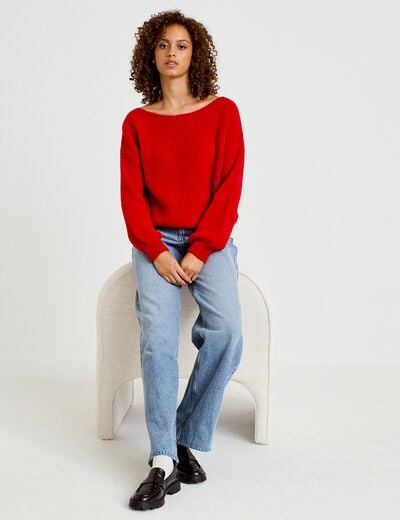 Pull ample col bateau manches longues rouge femme