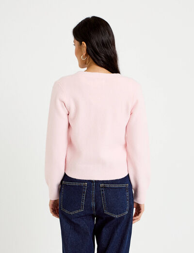 Gilet col v broderie manches longues rose clair femme