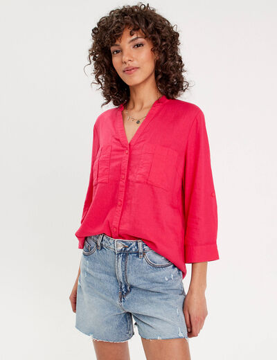 Chemise manches 3/4 contenant du lin rose vif femme