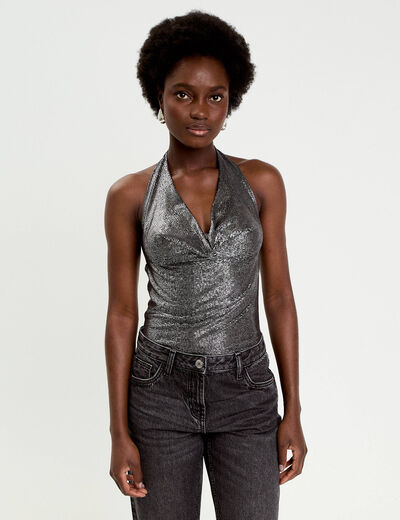 Top ajust&eacute; sans manches col b&eacute;nitier gris argent femme