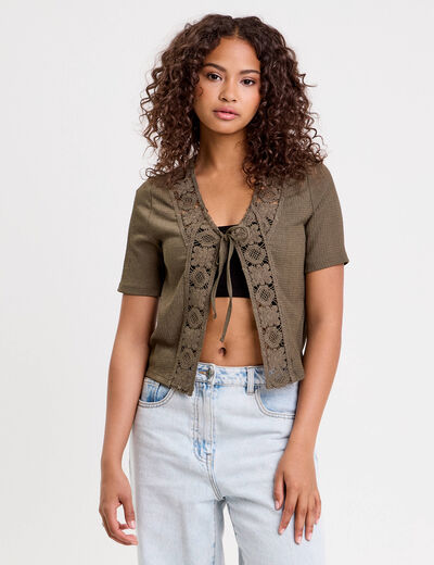 Blouse manches courtes nouée vert kaki femme
