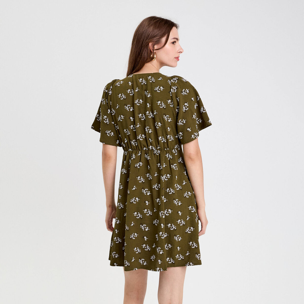 Robe évasée manches courtes vert kaki femme