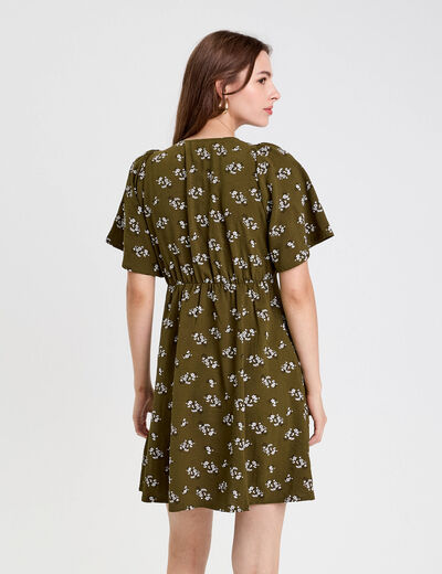 Robe évasée manches courtes vert kaki femme