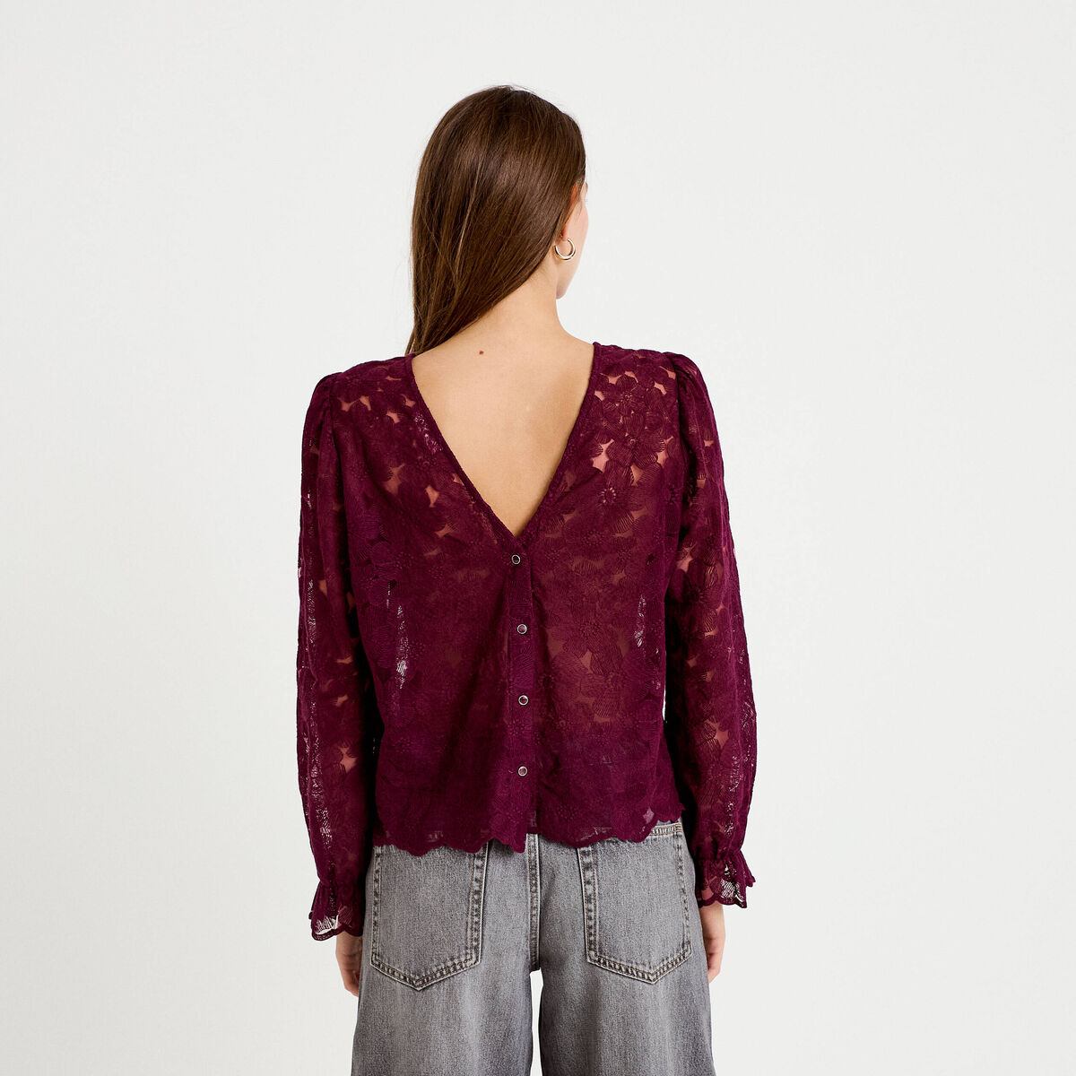 Blouse droite col v en dentelle prune femme