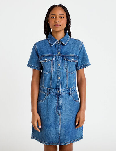 Robe droite courte en jean col chemise denim stone femme