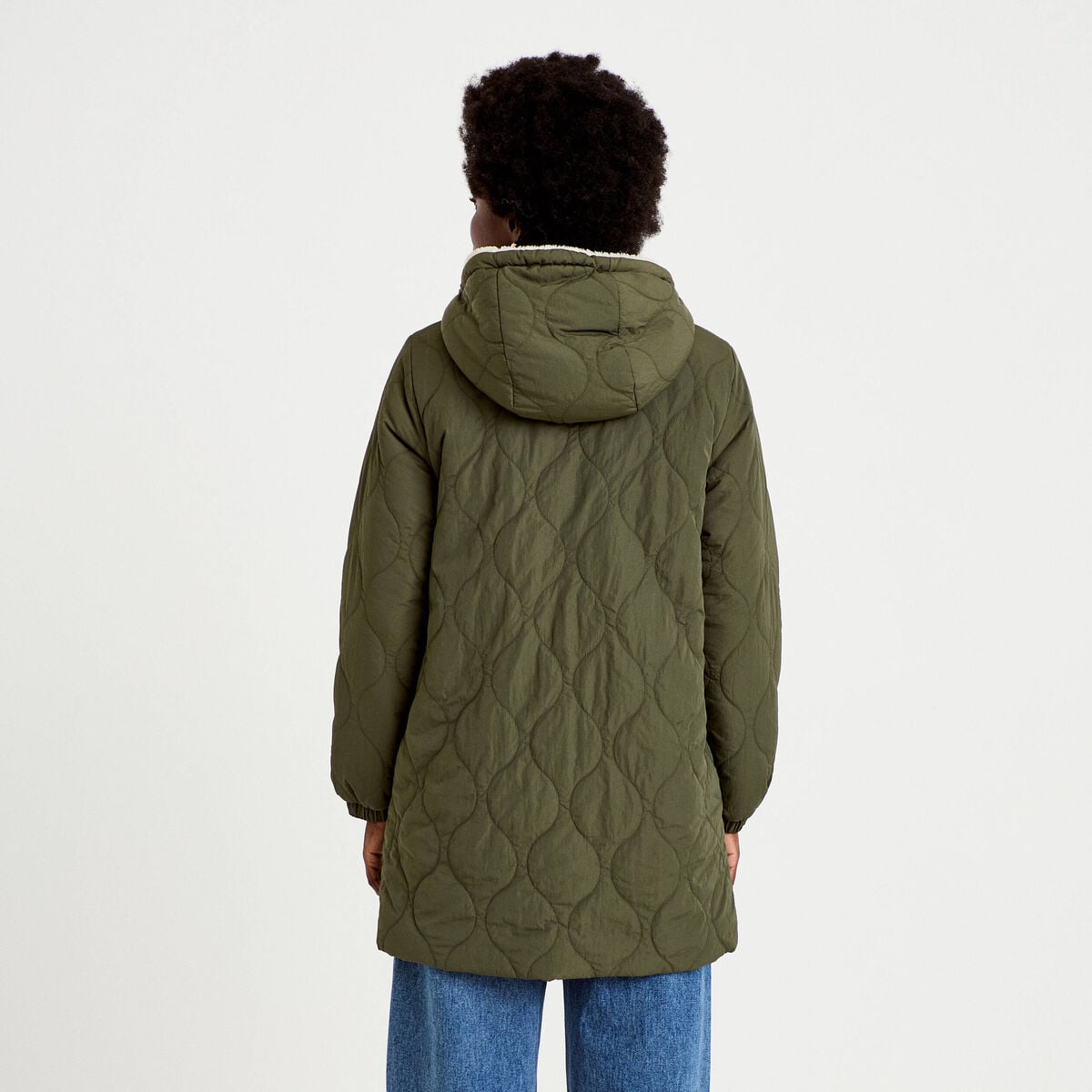 Parka r&eacute;versible effet polaire vert kaki femme