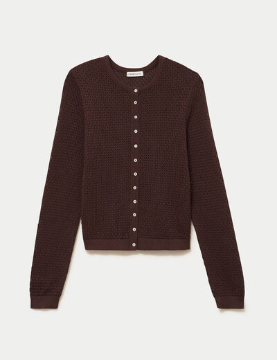 Gilet ajour&eacute; manches longues col rond marron fonc&eacute; femme