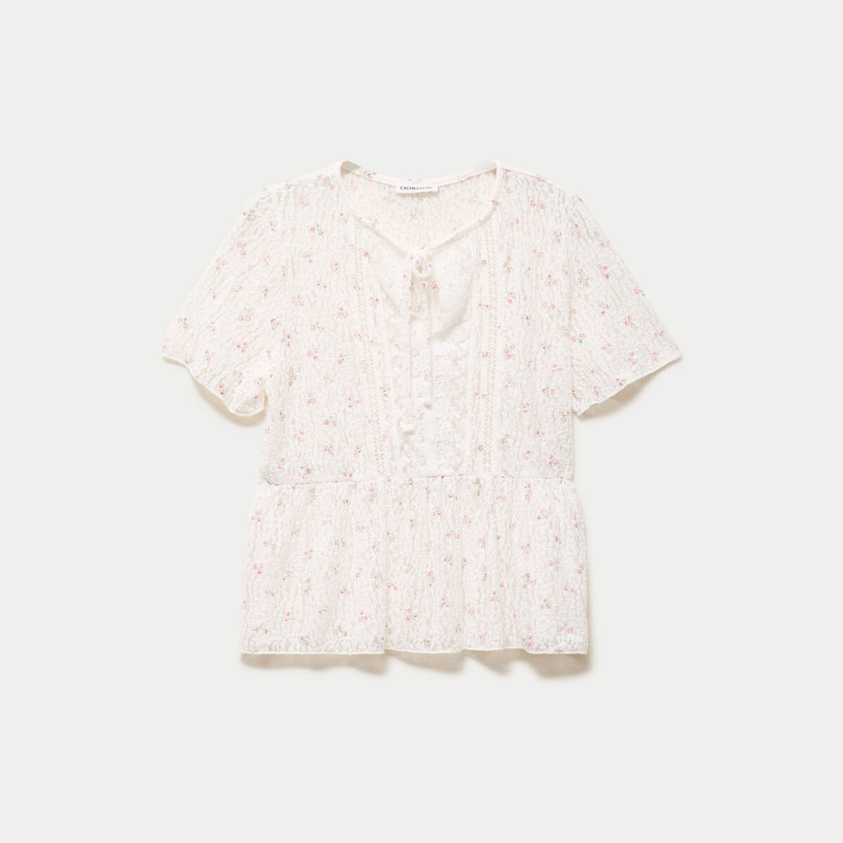 Blouse dentelle col rond manches courtes blanc femme