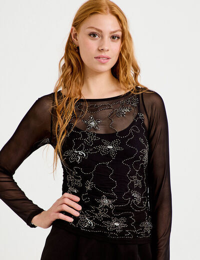 Top ajust&eacute; transparent col rond noir femme