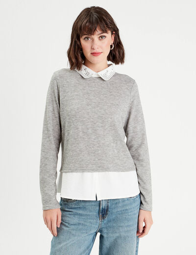 Pull col chemise bijoux gris clair femme