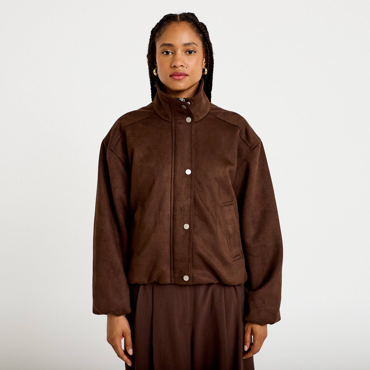 Veste effet boule col montant marron chocolat femme