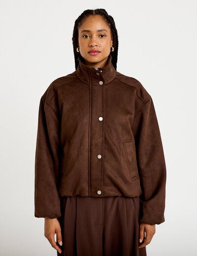 Veste effet boule col montant marron chocolat femme