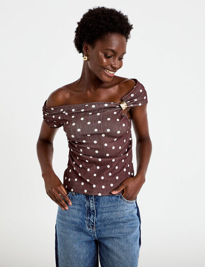 Top pliss&eacute; col bardot sans manches marron femme