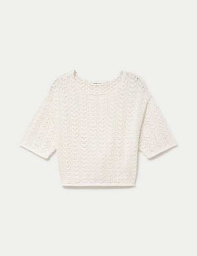 Pull ajour&eacute; aspect dentelle col rond ecru femme