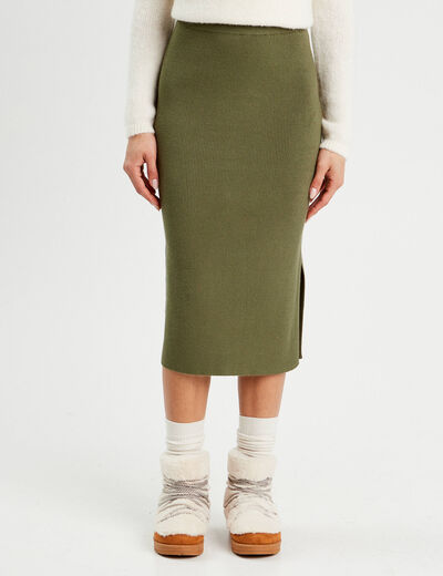 Jupe tricot midi droite vert kaki femme