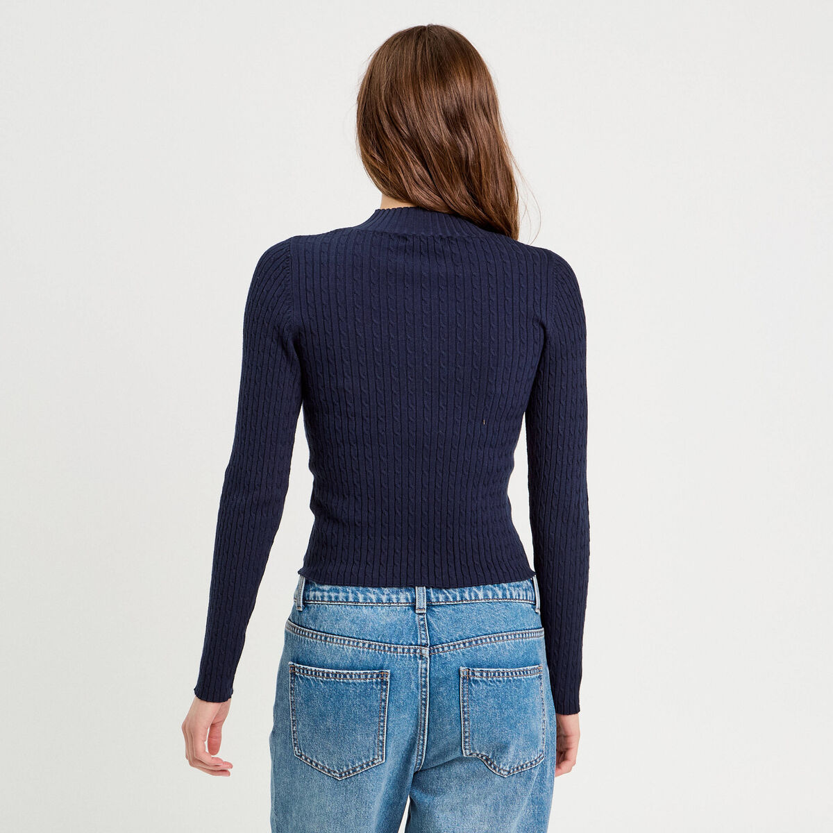 Pull col montant torsades bleu marine femme