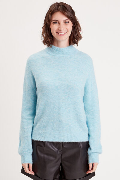 Pull col montant bleu ciel femme