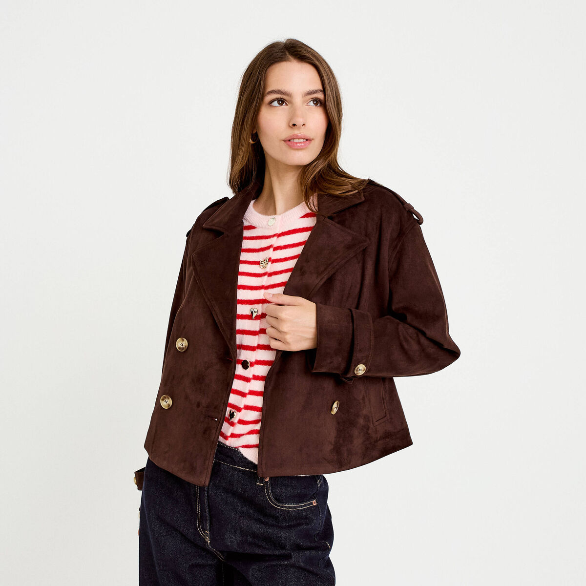 Trench droit manches longues aspect daim marron chocolat femme