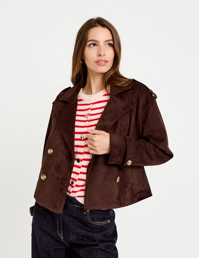 Trench droit manches longues aspect daim marron chocolat femme