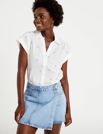 Jupe-short trap&egrave;ze en jean denim triple stone femme