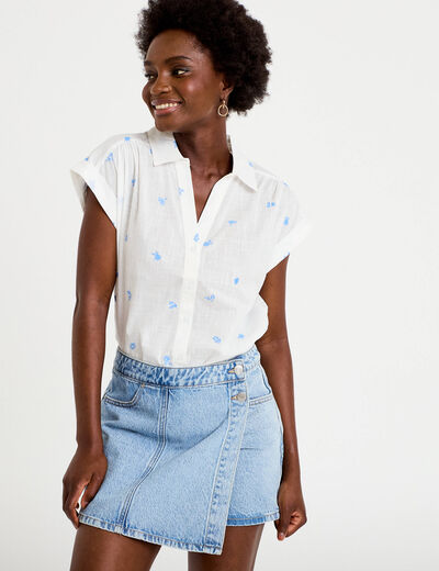 Jupe-short trap&egrave;ze en jean denim triple stone femme