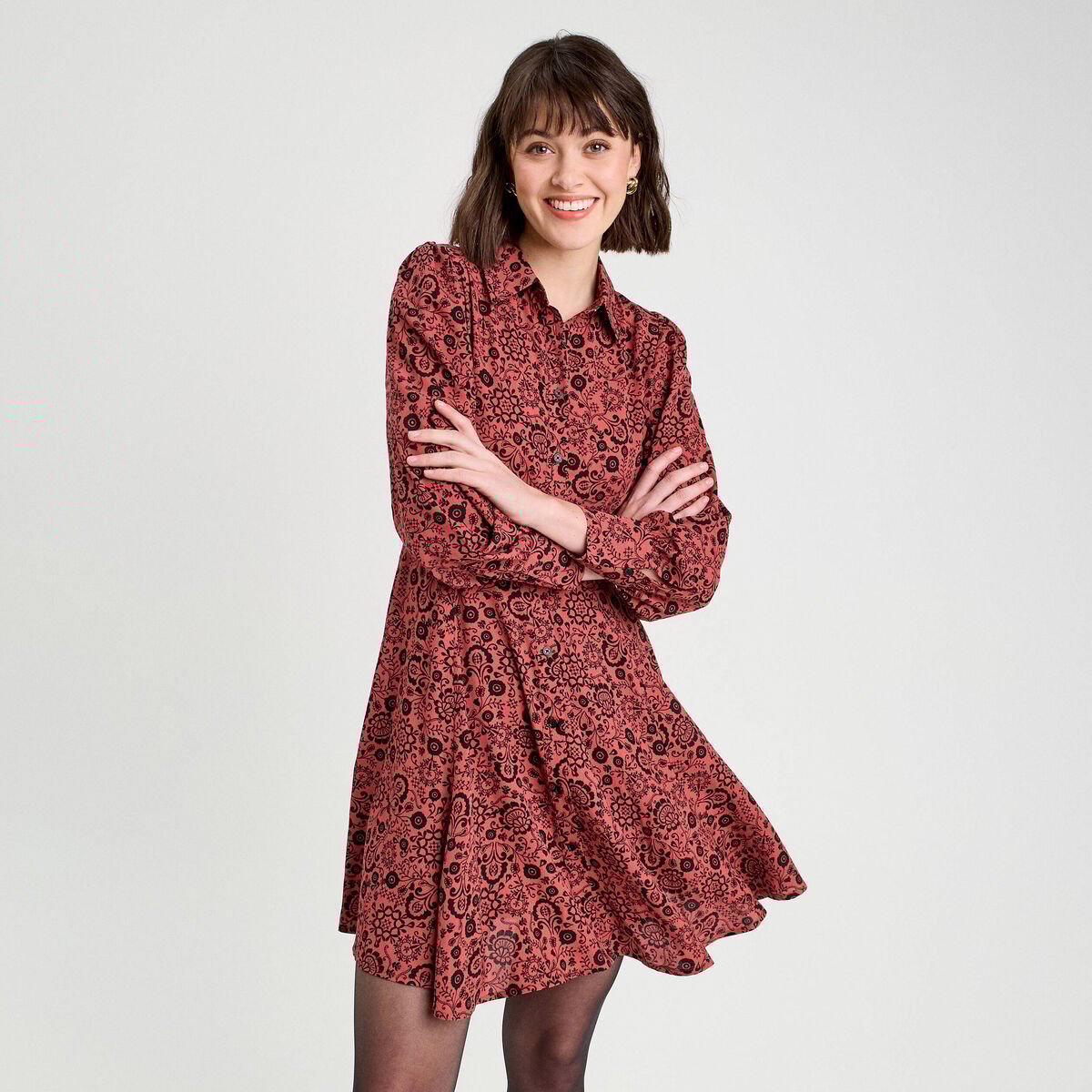 Robe chemise évasée fluide rouge clair femme