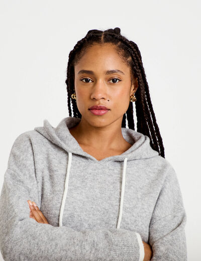 Pull &agrave; capuche gris clair femme