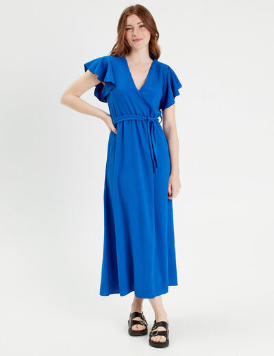 Robe longue portefeuille bleu electrique femme